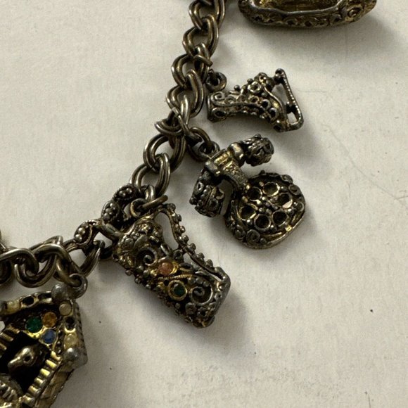 Vintage Charm Bracelet 10 Charms Clock Lips Phone Shorts And More D10 - Picture 7 of 7